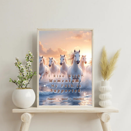 Framed artwork with horses and motivational quote on a shelf with decorative items.