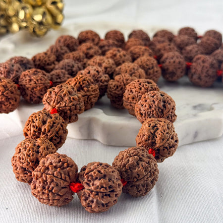 Brown beaded necklace with red accents on a white surface