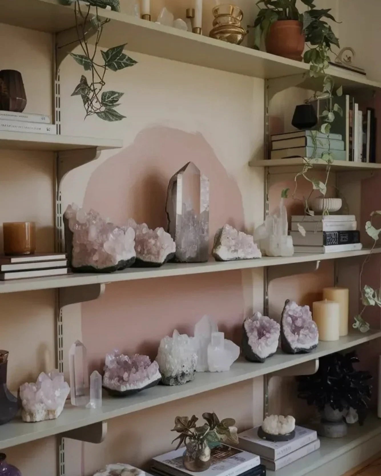 Shelves with decorative items including crystals, books, and plants.